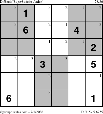 The grouppuzzles.com Difficult SuperSudoku-Junior puzzle for Wednesday July 1, 2026 with the first 3 steps marked