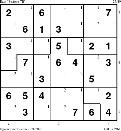 The grouppuzzles.com Easy Sudoku-7B puzzle for Wednesday July 1, 2026, suitable for printing, with all 3 steps marked