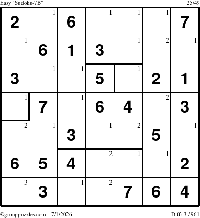 The grouppuzzles.com Easy Sudoku-7B puzzle for Wednesday July 1, 2026 with the first 3 steps marked