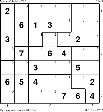 The grouppuzzles.com Medium Sudoku-7B puzzle for Wednesday July 1, 2026, suitable for printing, with all 5 steps marked