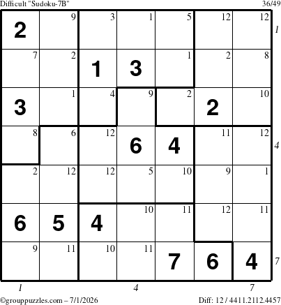 The grouppuzzles.com Difficult Sudoku-7B puzzle for Wednesday July 1, 2026 with all 12 steps marked