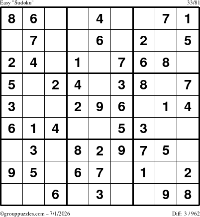The grouppuzzles.com Easy Sudoku puzzle for Wednesday July 1, 2026