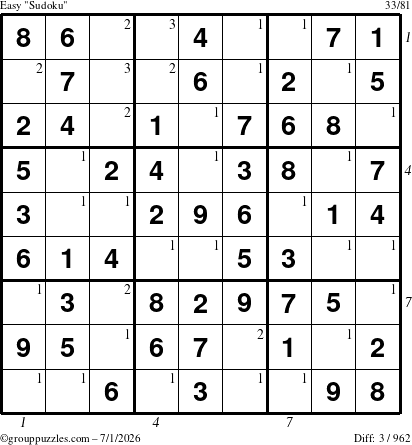 The grouppuzzles.com Easy Sudoku puzzle for Wednesday July 1, 2026, suitable for printing, with all 3 steps marked