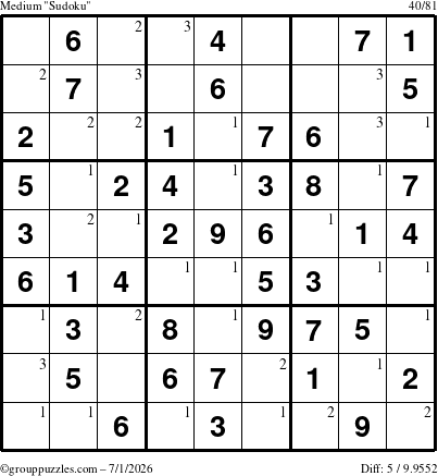 The grouppuzzles.com Medium Sudoku puzzle for Wednesday July 1, 2026 with the first 3 steps marked