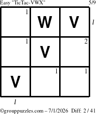 The grouppuzzles.com Easy TicTac-VWX puzzle for Wednesday July 1, 2026 with all 2 steps marked