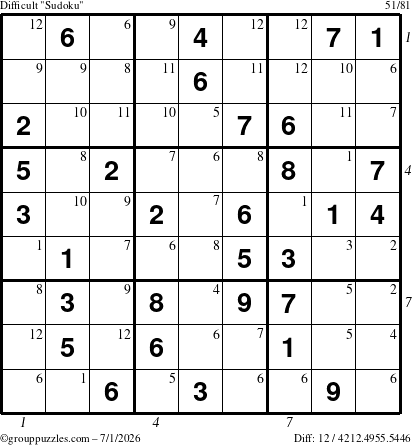 The grouppuzzles.com Difficult Sudoku puzzle for Wednesday July 1, 2026, suitable for printing, with all 12 steps marked