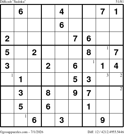 The grouppuzzles.com Difficult Sudoku puzzle for Wednesday July 1, 2026 with the first 3 steps marked