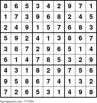 The grouppuzzles.com Answer grid for the Sudoku puzzle for Wednesday July 1, 2026