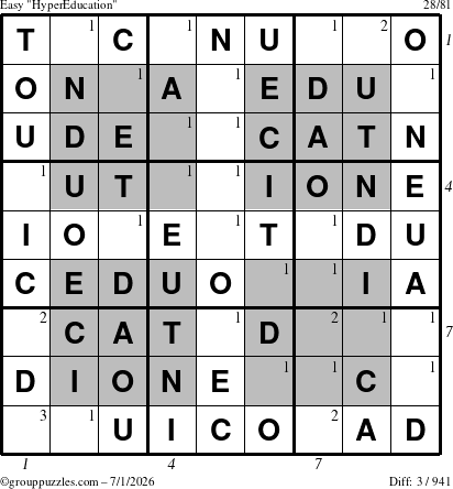 The grouppuzzles.com Easy HyperEducation-i23 puzzle for Wednesday July 1, 2026, suitable for printing, with all 3 steps marked