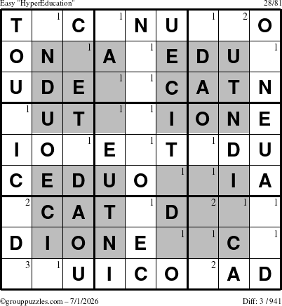 The grouppuzzles.com Easy HyperEducation-i23 puzzle for Wednesday July 1, 2026 with the first 3 steps marked