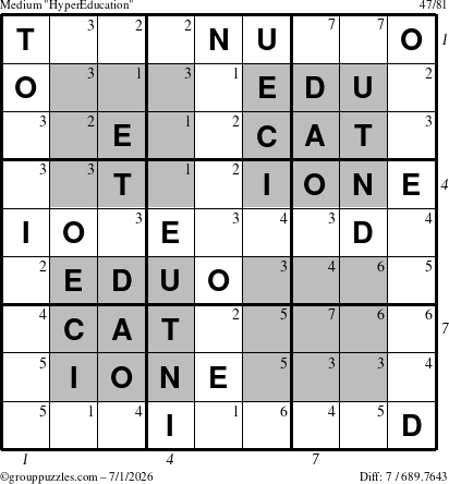 The grouppuzzles.com Medium HyperEducation-i23 puzzle for Wednesday July 1, 2026, suitable for printing, with all 7 steps marked
