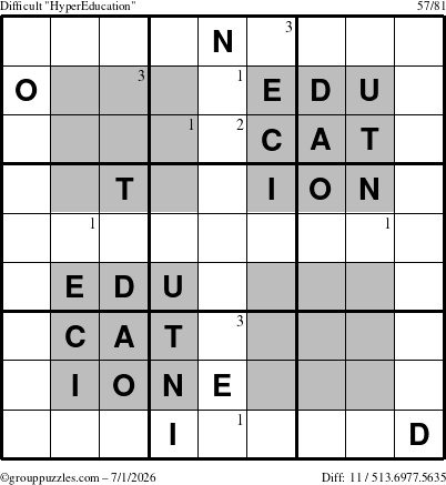 The grouppuzzles.com Difficult HyperEducation-i23 puzzle for Wednesday July 1, 2026 with the first 3 steps marked