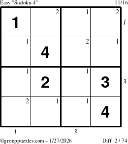 The grouppuzzles.com Easy Sudoku-4 puzzle for Tuesday January 27, 2026, suitable for printing, with all 2 steps marked