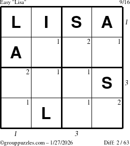 The grouppuzzles.com Easy Lisa puzzle for Tuesday January 27, 2026, suitable for printing, with all 2 steps marked