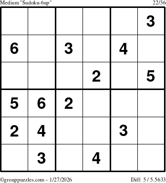 The grouppuzzles.com Medium Sudoku-6up puzzle for Tuesday January 27, 2026