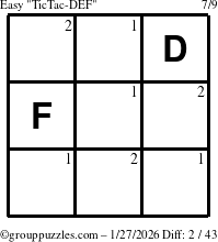 The grouppuzzles.com Easy TicTac-DEF puzzle for Tuesday January 27, 2026 with the first 2 steps marked
