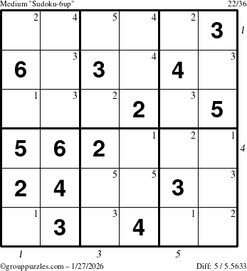 The grouppuzzles.com Medium Sudoku-6up puzzle for Tuesday January 27, 2026, suitable for printing, with all 5 steps marked