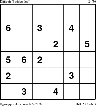 The grouppuzzles.com Difficult Sudoku-6up puzzle for Tuesday January 27, 2026