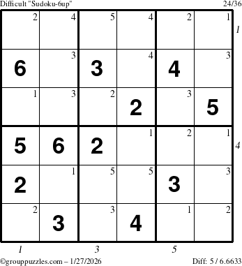 The grouppuzzles.com Difficult Sudoku-6up puzzle for Tuesday January 27, 2026, suitable for printing, with all 5 steps marked