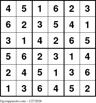 The grouppuzzles.com Answer grid for the Sudoku-6up puzzle for Tuesday January 27, 2026
