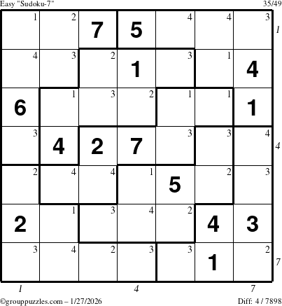 The grouppuzzles.com Easy Sudoku-7 puzzle for Tuesday January 27, 2026, suitable for printing, with all 4 steps marked