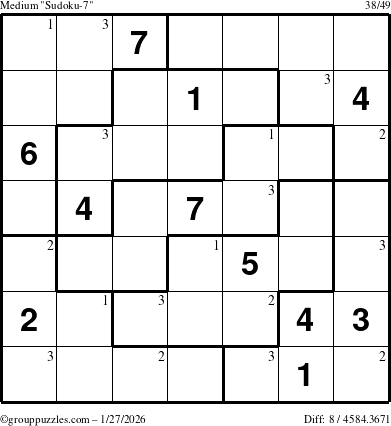 The grouppuzzles.com Medium Sudoku-7 puzzle for Tuesday January 27, 2026 with the first 3 steps marked
