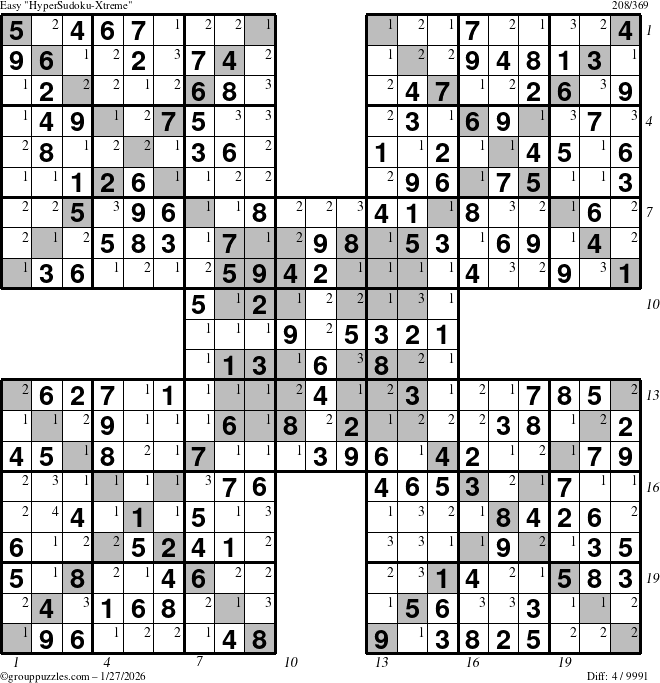 The grouppuzzles.com Easy HyperSudoku-Xtreme puzzle for Tuesday January 27, 2026, suitable for printing, with all 4 steps marked