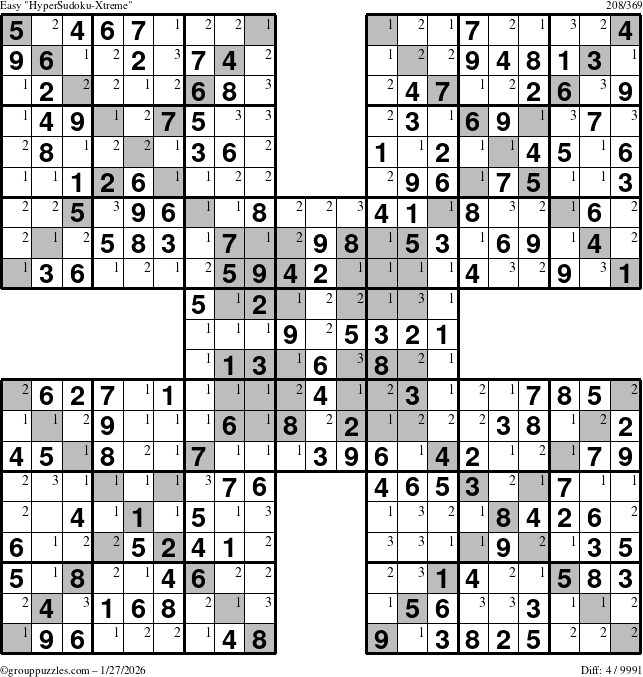 The grouppuzzles.com Easy HyperSudoku-Xtreme puzzle for Tuesday January 27, 2026 with the first 3 steps marked