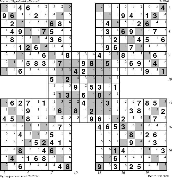 The grouppuzzles.com Medium HyperSudoku-Xtreme puzzle for Tuesday January 27, 2026, suitable for printing, with all 7 steps marked