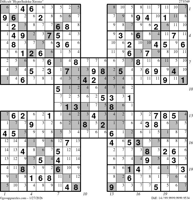 The grouppuzzles.com Difficult HyperSudoku-Xtreme puzzle for Tuesday January 27, 2026 with all 14 steps marked