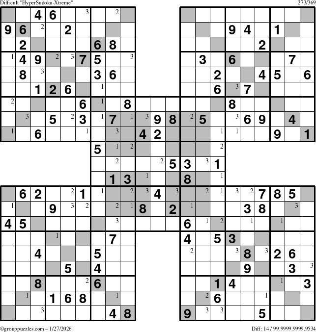 The grouppuzzles.com Difficult HyperSudoku-Xtreme puzzle for Tuesday January 27, 2026 with the first 3 steps marked