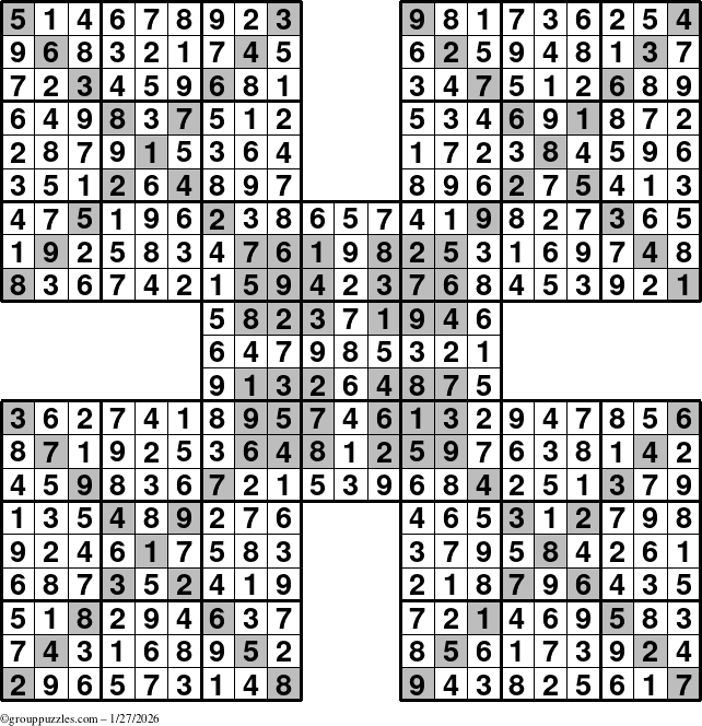 The grouppuzzles.com Answer grid for the HyperSudoku-Xtreme puzzle for Tuesday January 27, 2026
