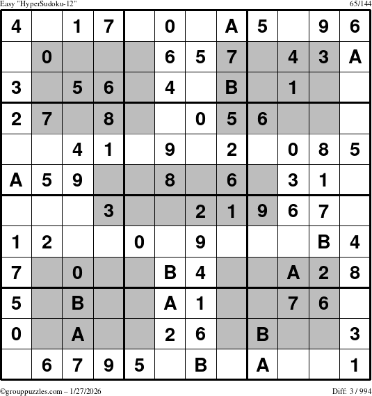 The grouppuzzles.com Easy HyperSudoku-12 puzzle for Tuesday January 27, 2026