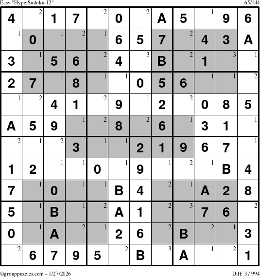 The grouppuzzles.com Easy HyperSudoku-12 puzzle for Tuesday January 27, 2026 with the first 3 steps marked