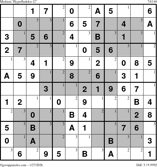 The grouppuzzles.com Medium HyperSudoku-12 puzzle for Tuesday January 27, 2026 with the first 3 steps marked