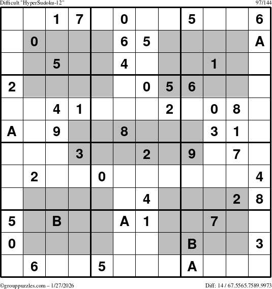 The grouppuzzles.com Difficult HyperSudoku-12 puzzle for Tuesday January 27, 2026