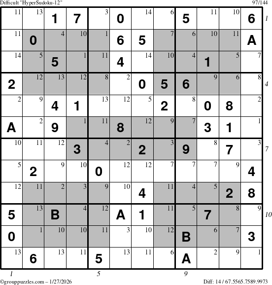 The grouppuzzles.com Difficult HyperSudoku-12 puzzle for Tuesday January 27, 2026 with all 14 steps marked