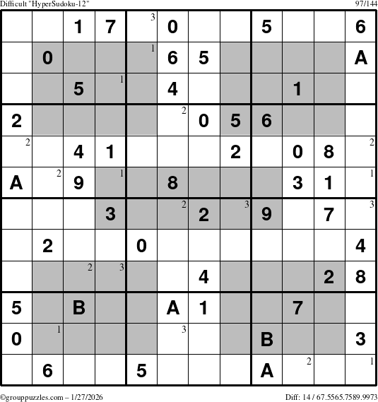 The grouppuzzles.com Difficult HyperSudoku-12 puzzle for Tuesday January 27, 2026 with the first 3 steps marked