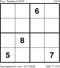 The grouppuzzles.com Easy Sudoku-4-5678 puzzle for Friday June 12, 2026