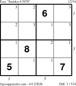 The grouppuzzles.com Easy Sudoku-4-5678 puzzle for Friday June 12, 2026, suitable for printing, with all 3 steps marked
