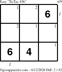 The grouppuzzles.com Easy TicTac-456 puzzle for Friday June 12, 2026 with all 2 steps marked
