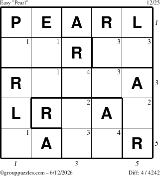 The grouppuzzles.com Easy Pearl puzzle for Friday June 12, 2026, suitable for printing, with all 4 steps marked