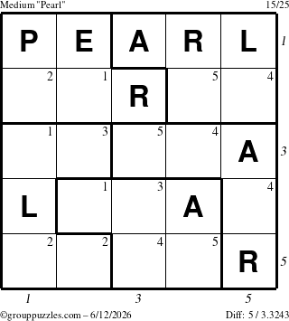 The grouppuzzles.com Medium Pearl puzzle for Friday June 12, 2026, suitable for printing, with all 5 steps marked