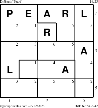 The grouppuzzles.com Difficult Pearl puzzle for Friday June 12, 2026, suitable for printing, with all 6 steps marked