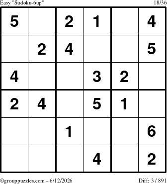 The grouppuzzles.com Easy Sudoku-6up puzzle for Friday June 12, 2026