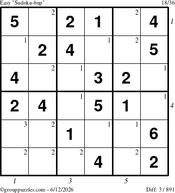 The grouppuzzles.com Easy Sudoku-6up puzzle for Friday June 12, 2026 with all 3 steps marked