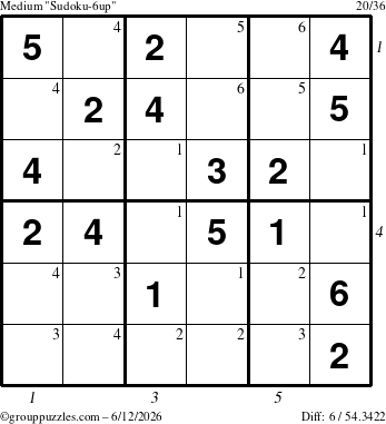 The grouppuzzles.com Medium Sudoku-6up puzzle for Friday June 12, 2026 with all 6 steps marked