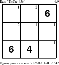 The grouppuzzles.com Easy TicTac-456 puzzle for Friday June 12, 2026 with the first 2 steps marked
