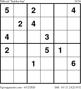 The grouppuzzles.com Difficult Sudoku-6up puzzle for Friday June 12, 2026