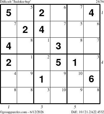 The grouppuzzles.com Difficult Sudoku-6up puzzle for Friday June 12, 2026 with all 10 steps marked